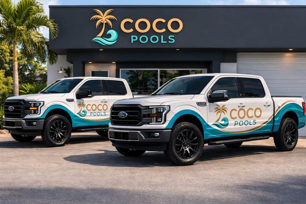 Coco Pools service vehicles ready for pool resurfacing, remodeling, and renovation projects.