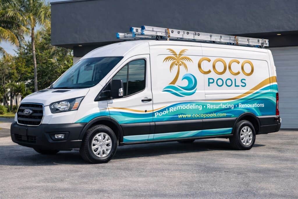 COCO Pools #1 trusted pool company for pool resurfacing, remodeling, new pool builds, pool equipment, and pool lighting service van