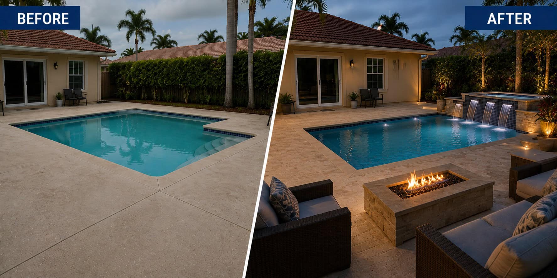 Backyard outdoor living renovation with fire pit, lighting, and water features by Coco Pools