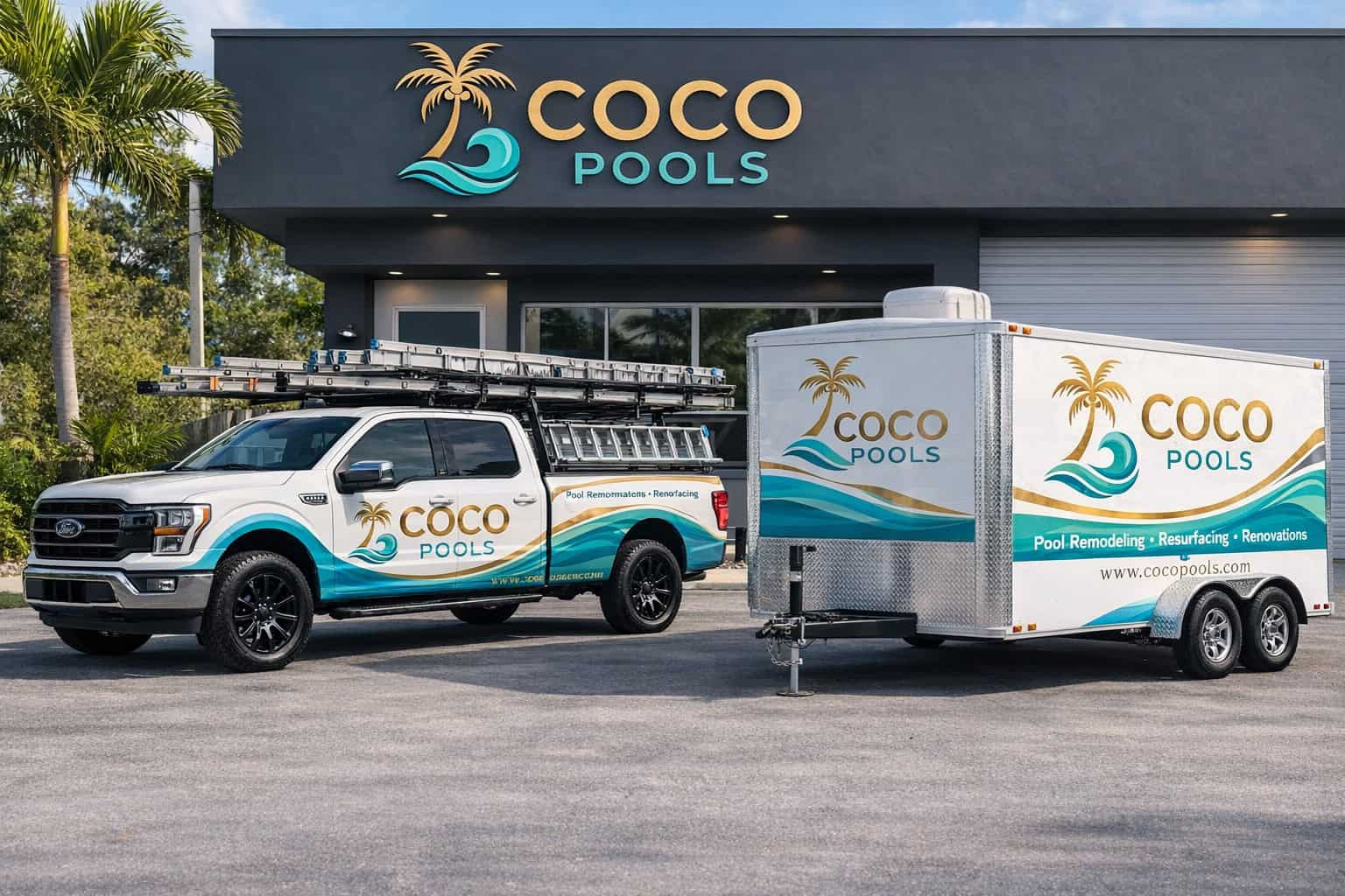 Coco Pools work truck and trailer providing pool resurfacing, pool remodeling, and new pool construction throughout South Florida