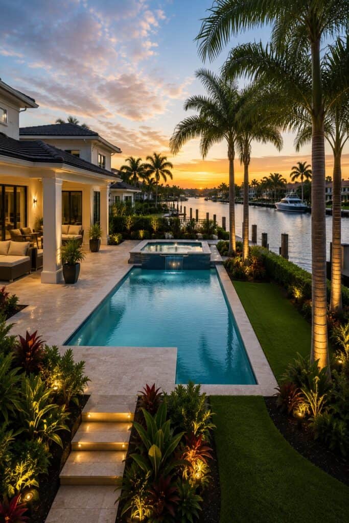Luxury waterfront home with custom swimming pool and tropical landscaping designed by Coco Pools in South Florida