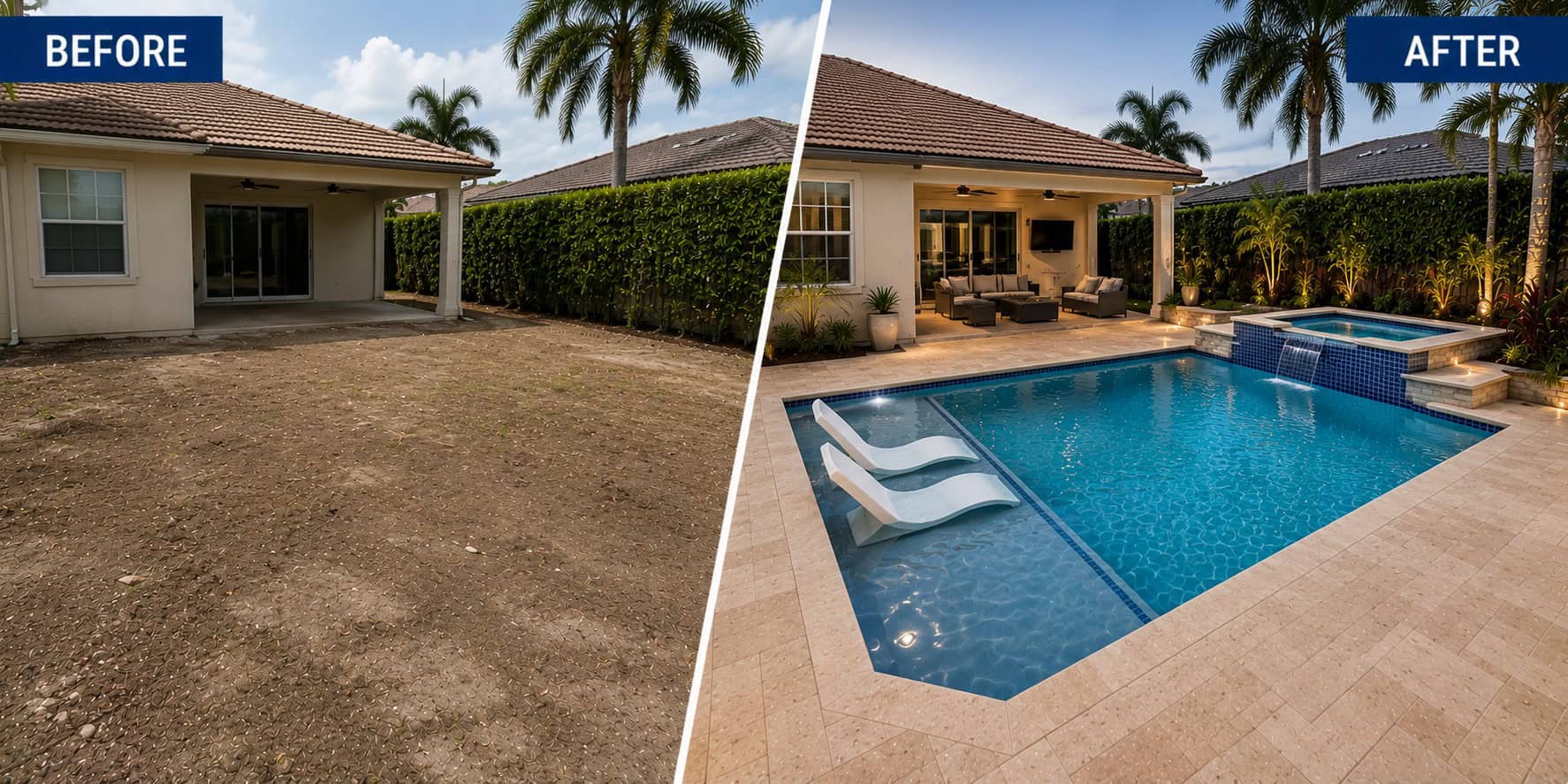 Before and after custom pool design and construction project completed by Coco Pools in South Florida