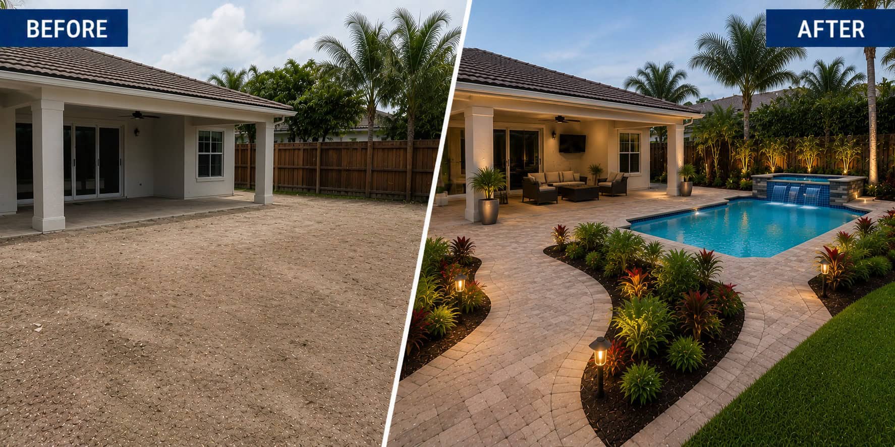 Custom paver installation and tropical landscaping by Coco Pools in South Florida