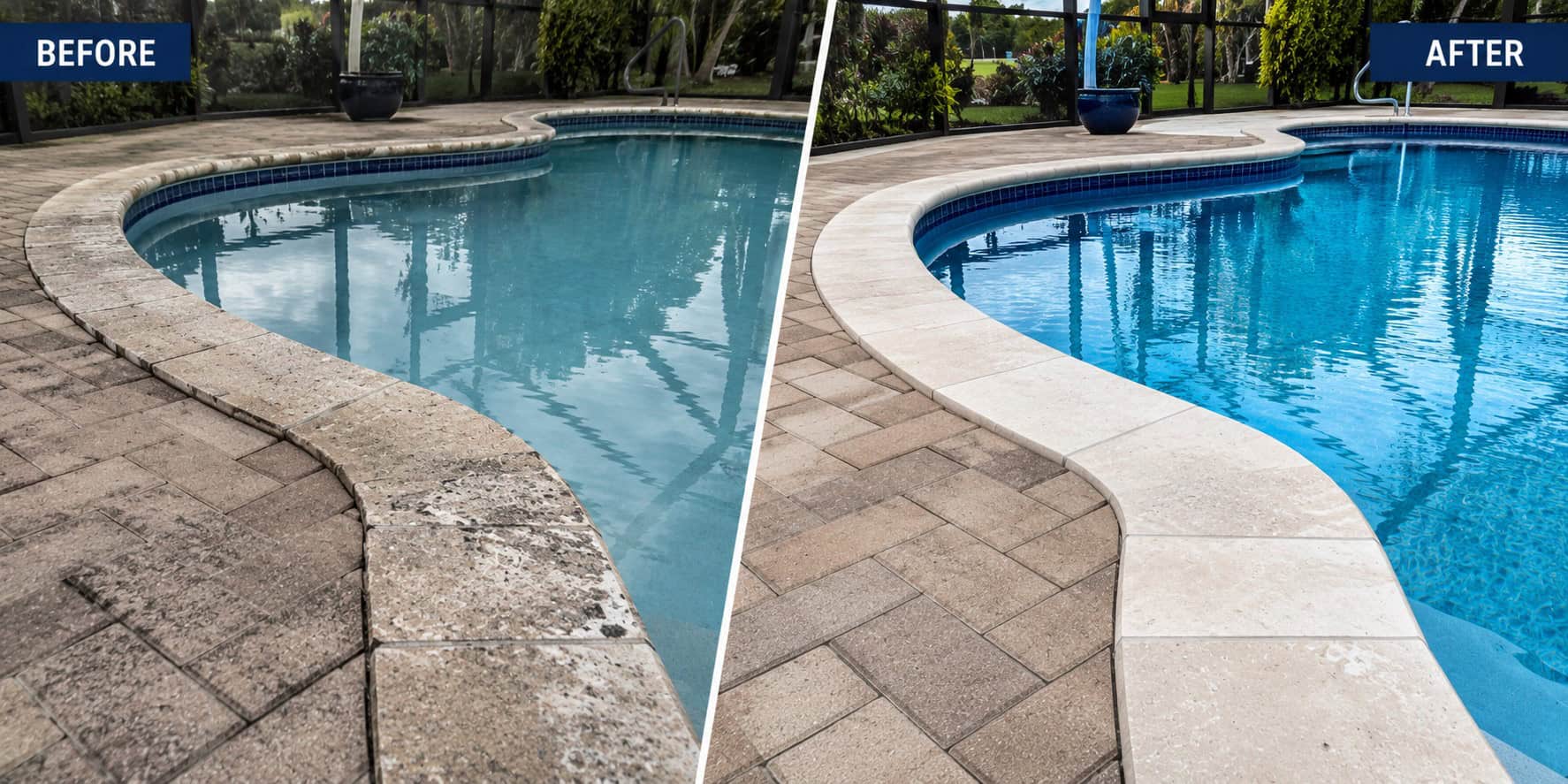 Before and after pool coping replacement project completed by Coco Pools in South Florida