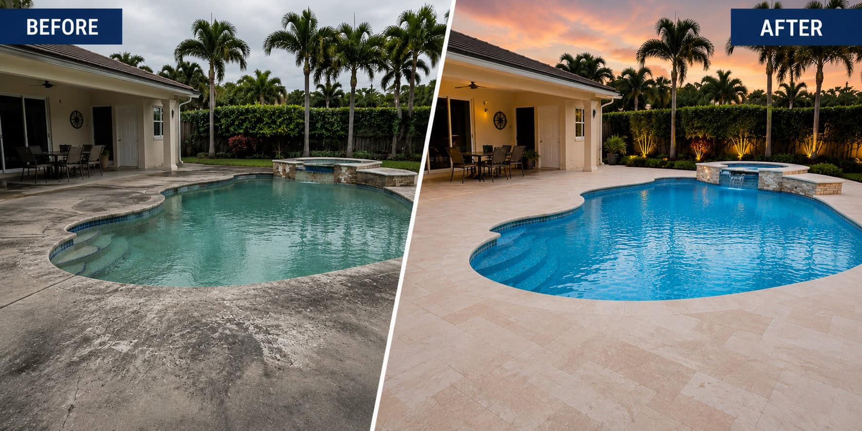 Pool deck renovation featuring new travertine pavers installed by Coco Pools in South Florida