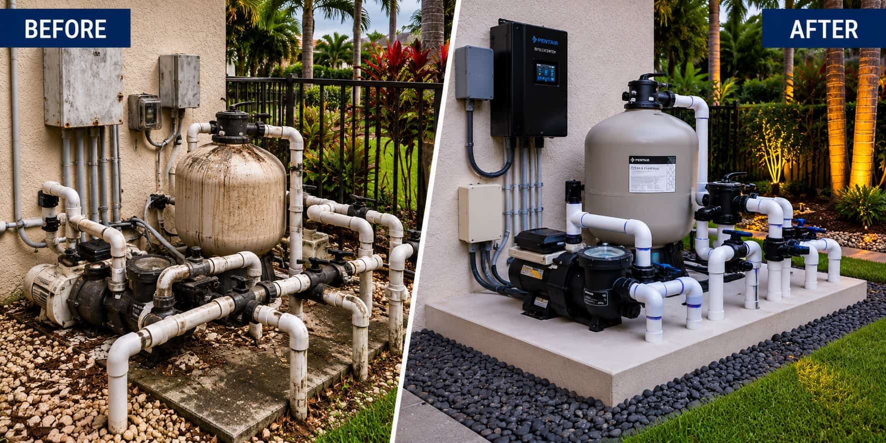 Pool equipment upgrades including pump, filter, automation, and salt system installation by Coco Pools