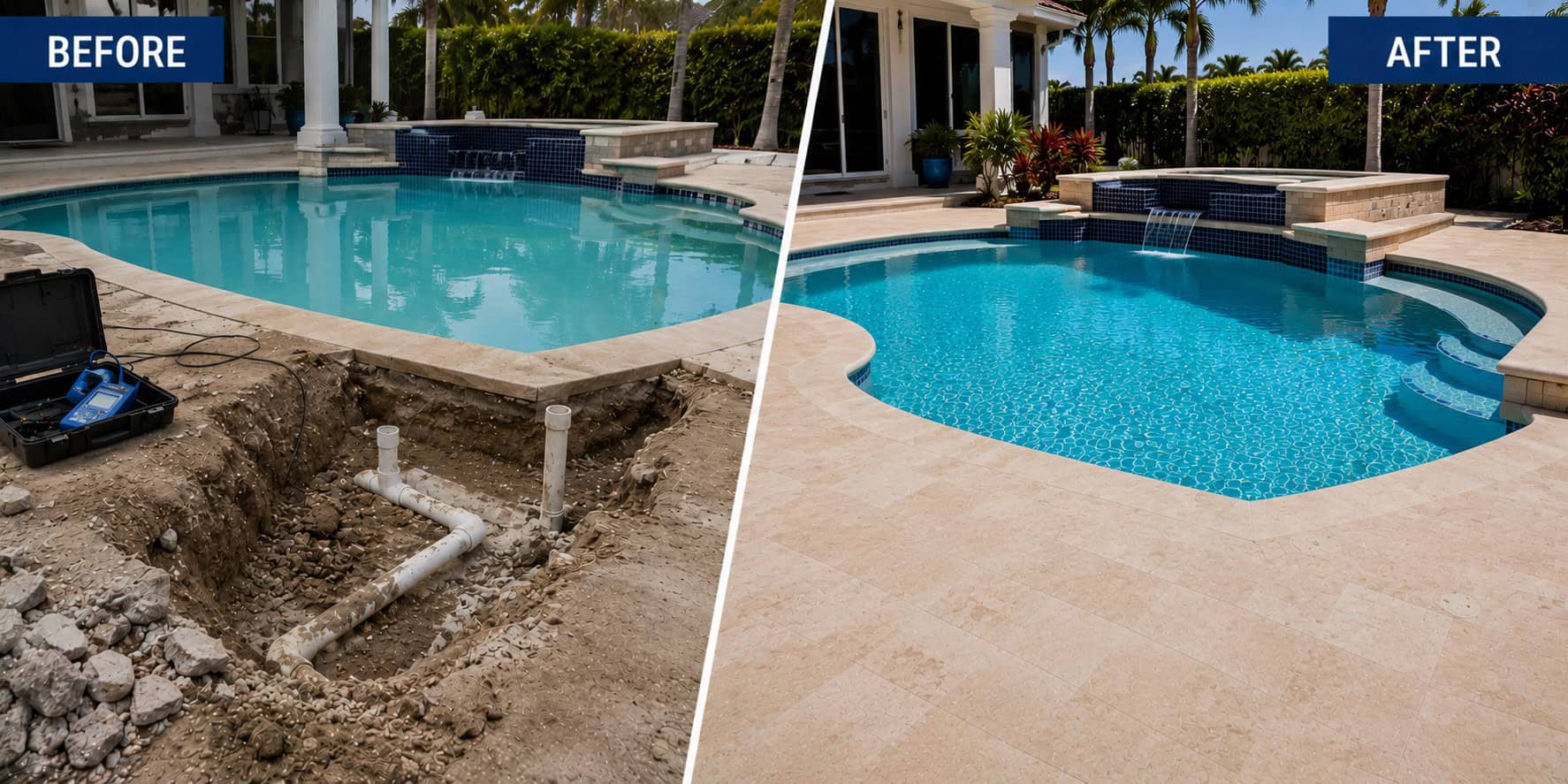 Pool leak detection and underground plumbing repair completed by Coco Pools in South Florida