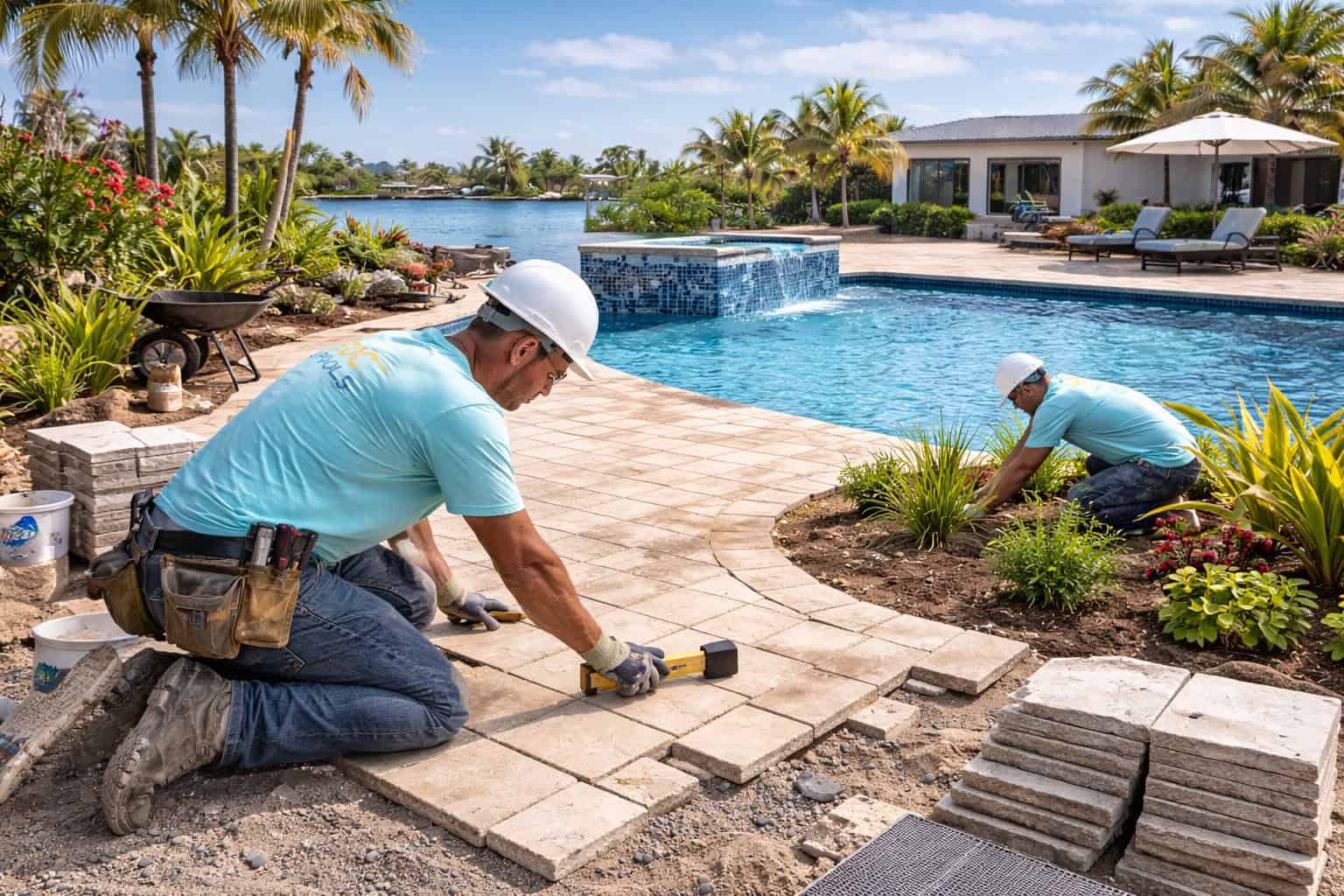 Coco Pools installing travertine pavers and professional landscaping during a backyard renovation in Fort Lauderdale, Florida