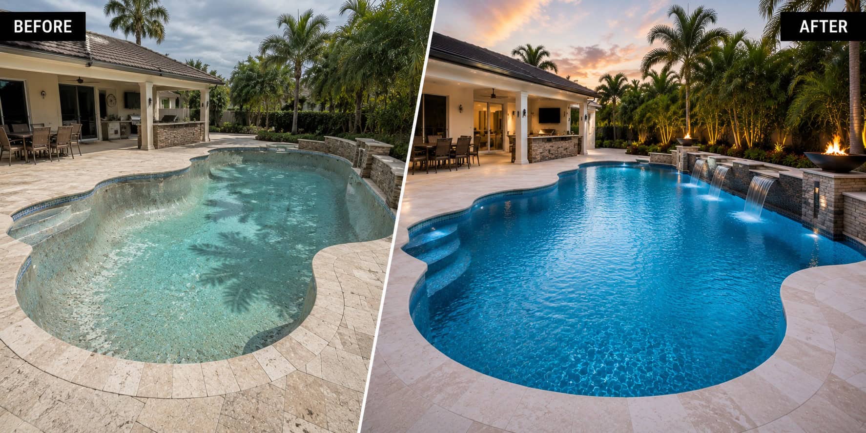 Luxury pool renovation transformation featuring new finish, water features, and upgraded pool design by Coco Pools