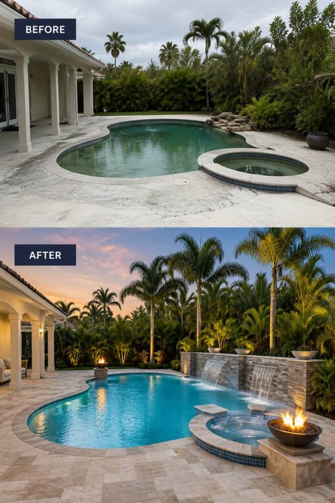 Before and after pool remodeling and resurfacing project completed by Coco Pools in South Florida