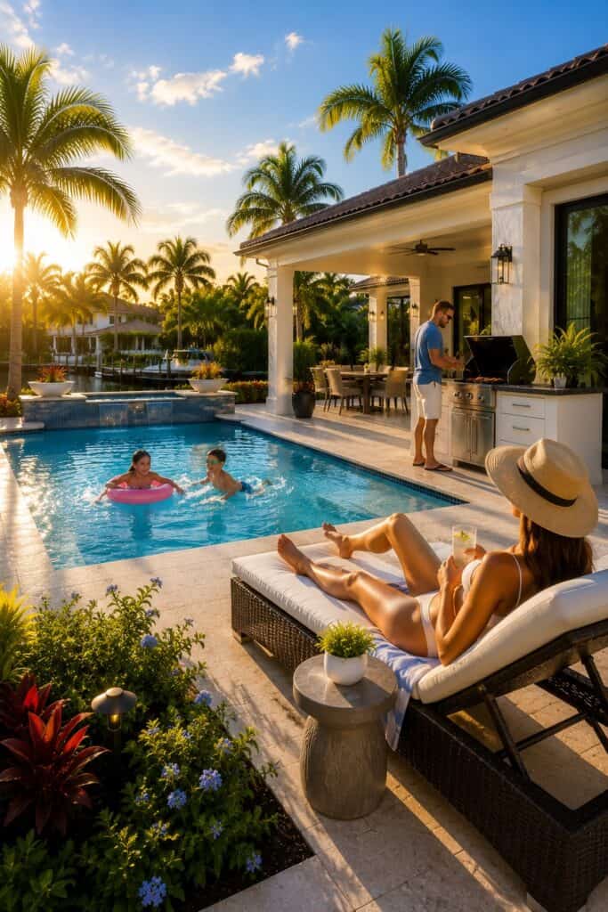 Family enjoying a custom swimming pool and outdoor living space designed by Coco Pools in South Florida